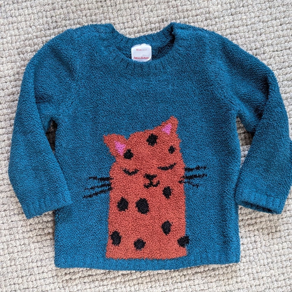 Hanna Andersson Teal Marshmallow Sweater with Cat Design